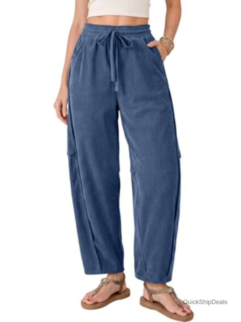 Corduroy Barrel Leg Drawstring High Rise Wide Leg Pants - 100% Polyester Casual